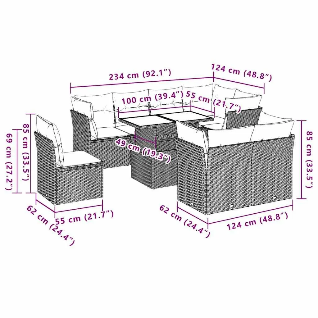 Garden Sofa Set 9 Piece Outdoor Furniture Patio Seating Black with Cushions