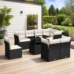 Garden Sofa Set 9 Piece Outdoor Furniture Patio Black Poly Rattan with Cushions