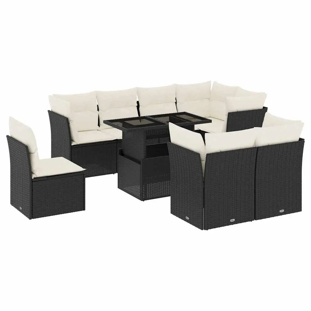 Garden Sofa Set 9 Piece Outdoor Furniture Patio Black Poly Rattan with Cushions