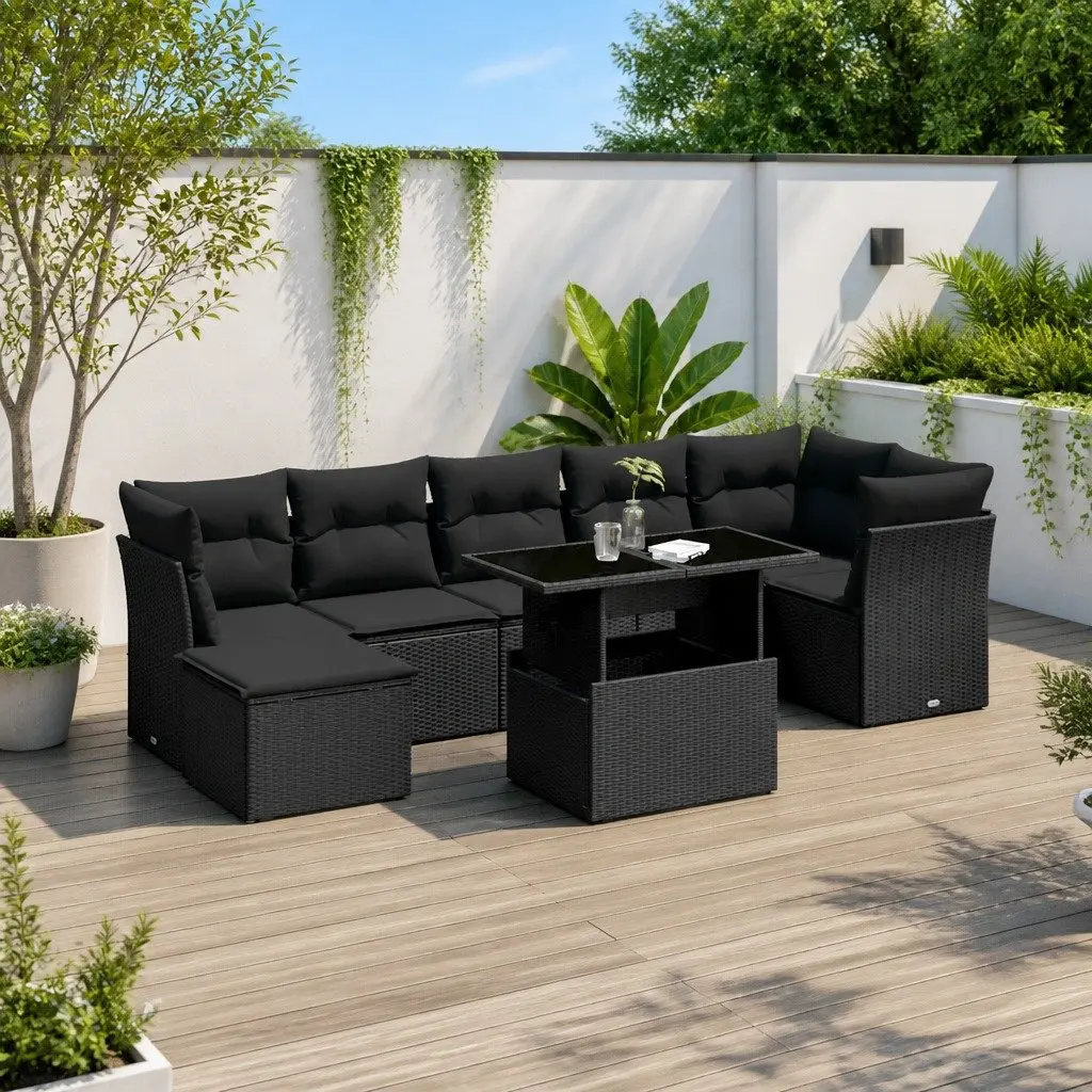 8 Piece Modular Black Rattan Garden Sofa Set with Thick Cushions for Outdoor Patio Lounge
