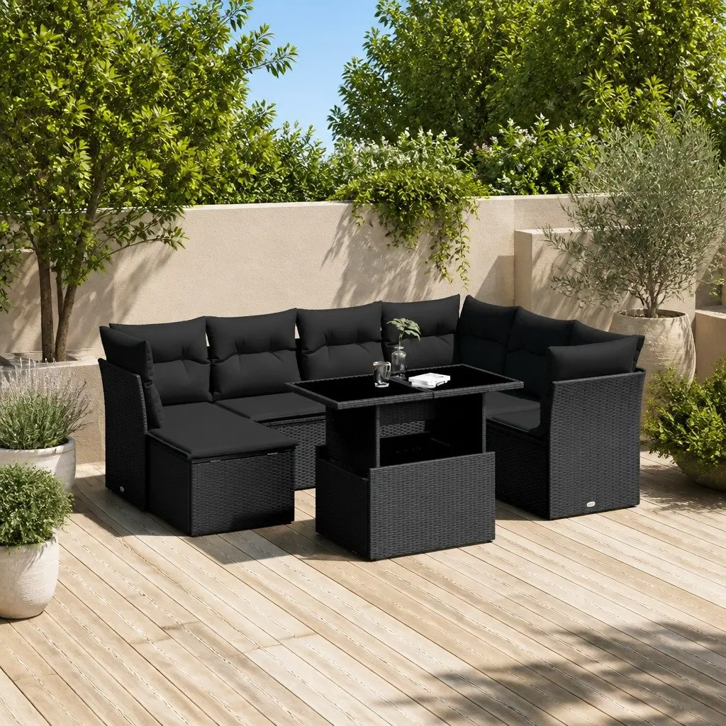 8 Piece Modular Outdoor Garden Sofa Set with Cushions Black Poly Rattan
