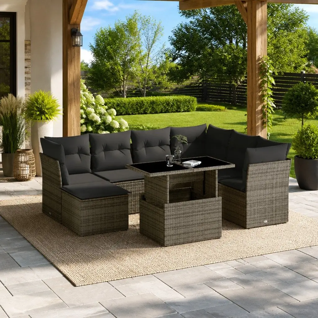 8 Piece Modular Garden Sofa Set Outdoor Furniture Grey PE Rattan with Adjustable Table and Thick Cushions