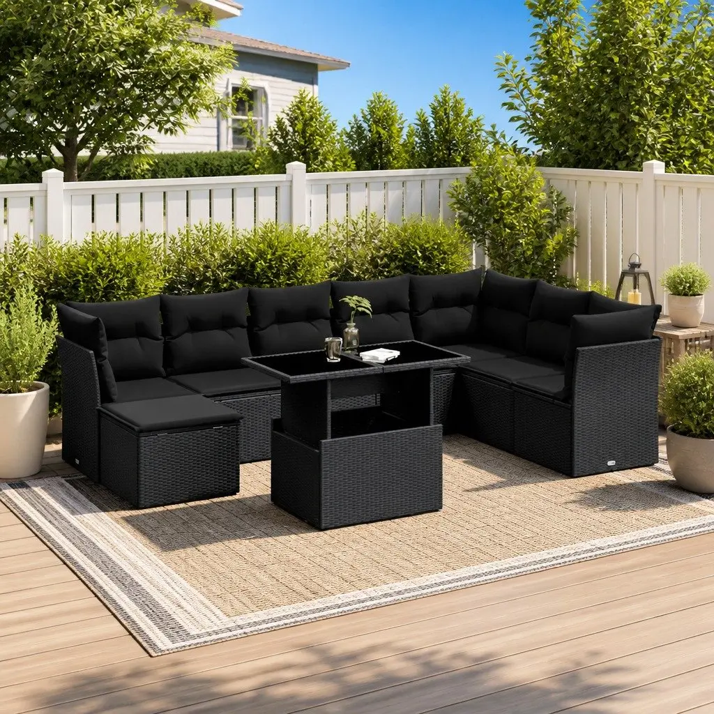 9 Piece Garden Sofa Set Modular Black PE Rattan Outdoor Furniture with Cushions