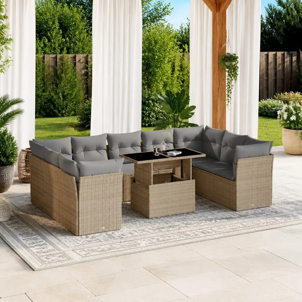 Outdoor Furniture Set 10 Piece Modular Garden Sofa with Adjustable Table Beige PE Rattan