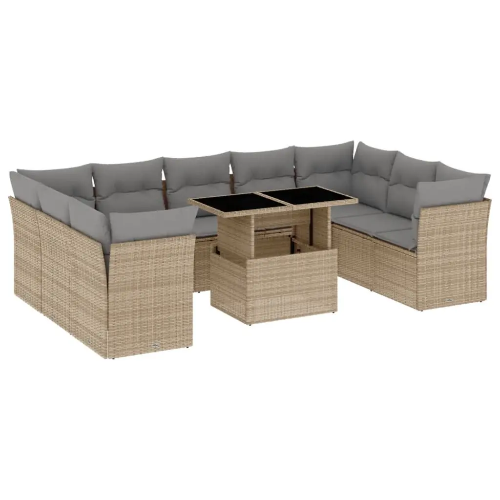 Outdoor Furniture Set 10 Piece Modular Garden Sofa with Adjustable Table Beige PE Rattan