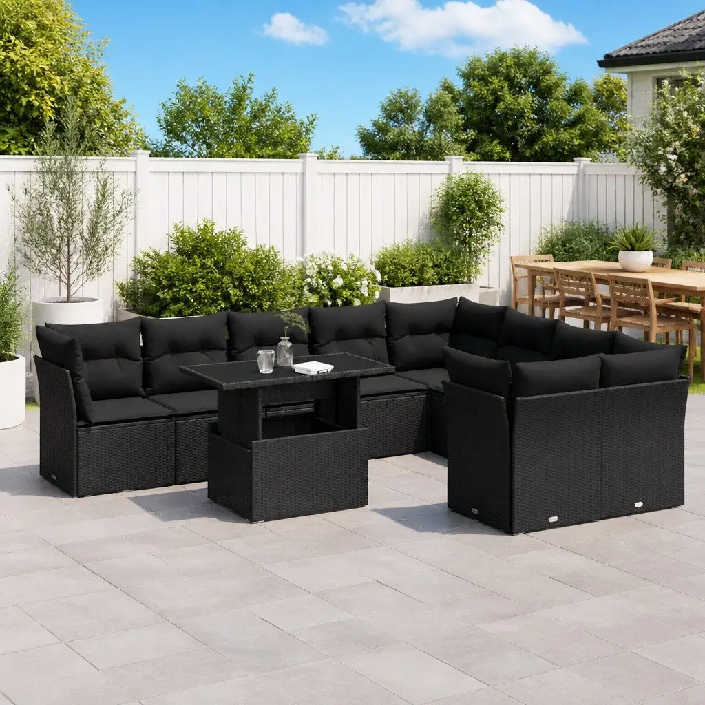 10 Piece Modular Outdoor Sofa Set with Cushions Weather-Resistant Black PE Rattan Garden Furniture