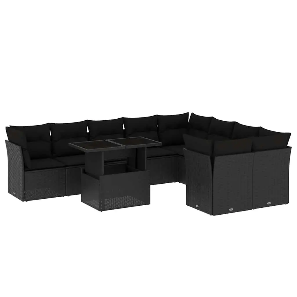 10 Piece Modular Outdoor Sofa Set with Cushions Weather-Resistant Black PE Rattan Garden Furniture