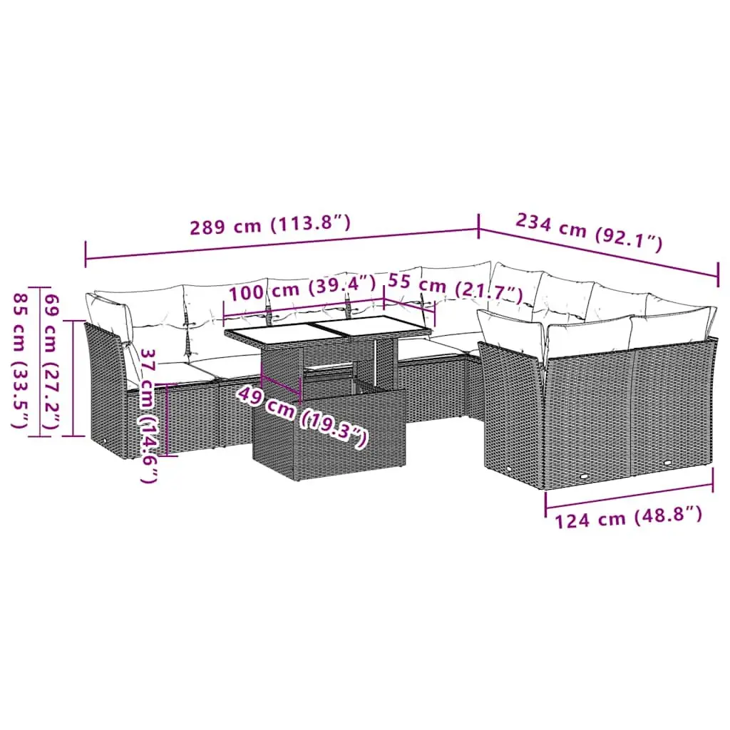 10 Piece Modular Outdoor Sofa Set with Cushions Weather-Resistant Black PE Rattan Garden Furniture