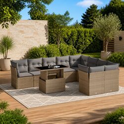 Outdoor Garden Sofa Set 10 Piece Poly Rattan Beige with Cushions Patio Furniture