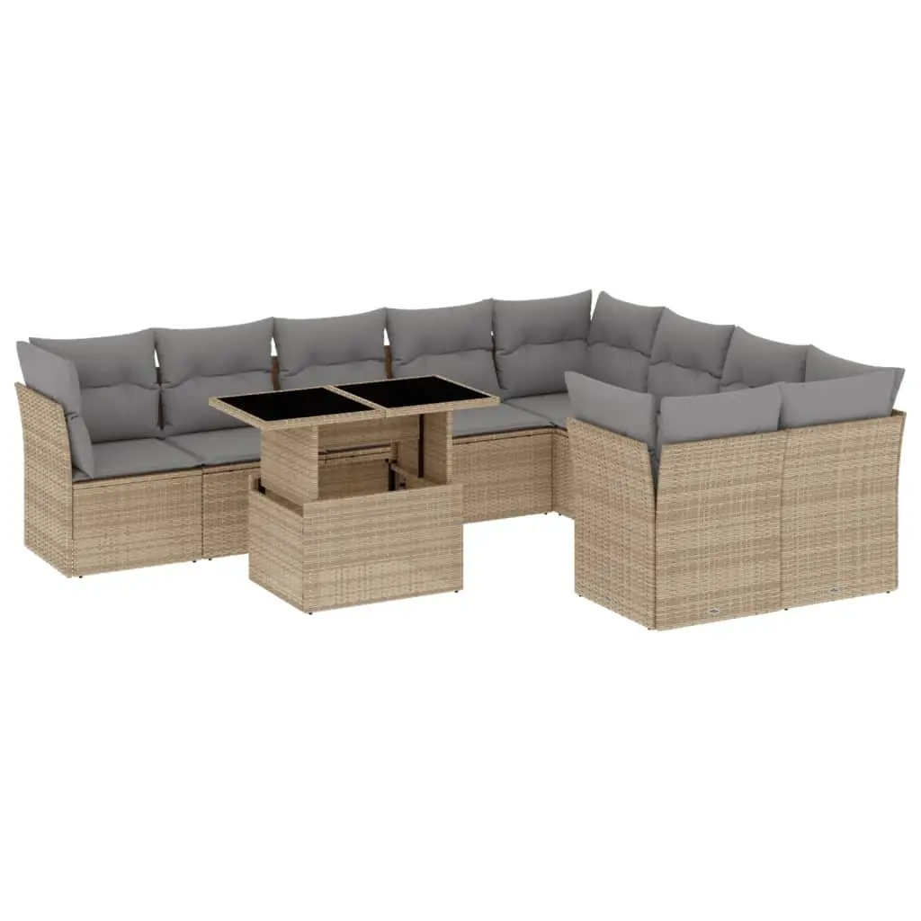 Outdoor Garden Sofa Set 10 Piece Poly Rattan Beige with Cushions Patio Furniture