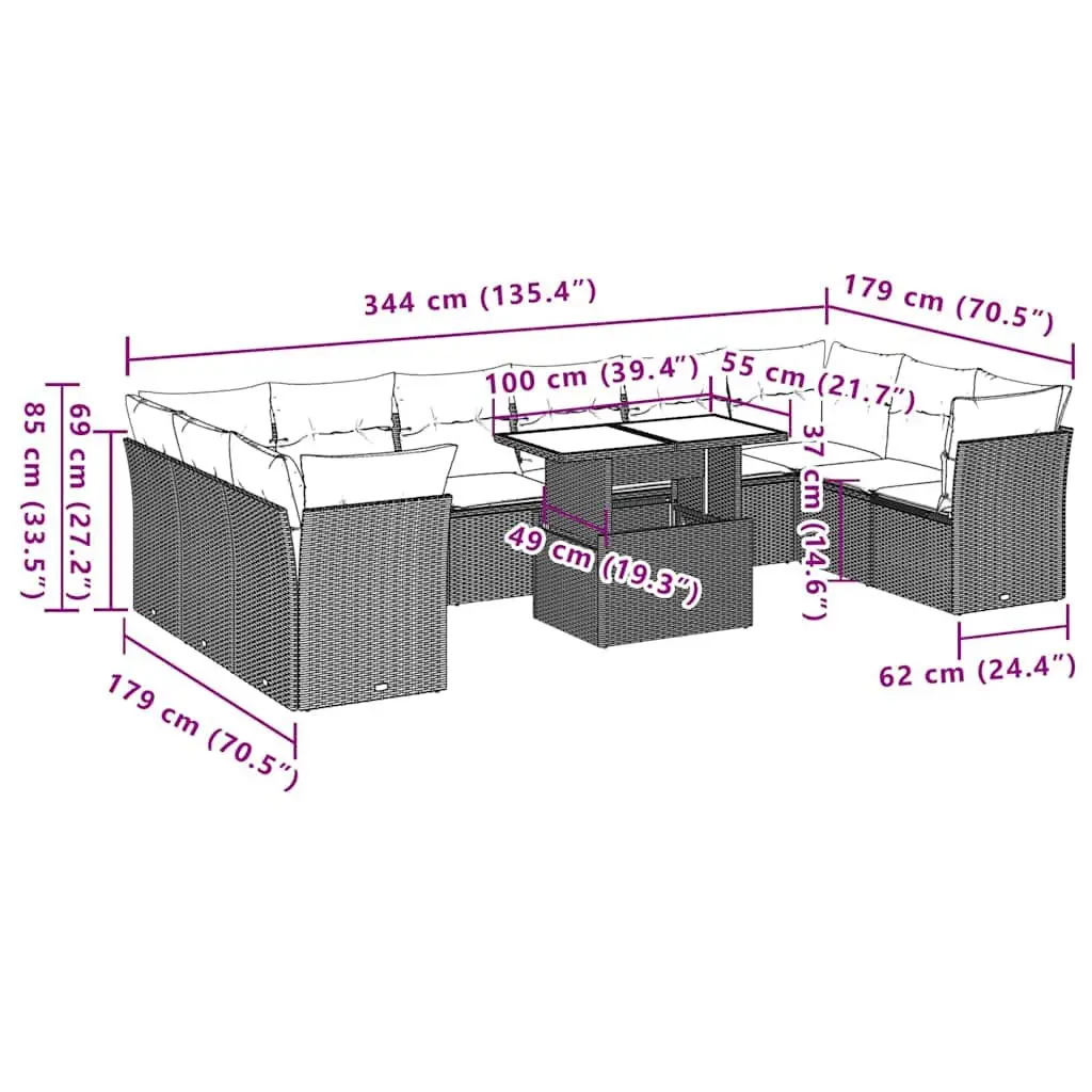 Garden Sofa Set 11 Piece Outdoor Furniture Black Poly Rattan Modular Patio