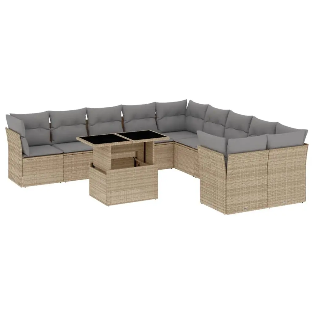 Outdoor Garden Sofa Set 11 Piece Beige Poly Rattan Patio Furniture with Cushions