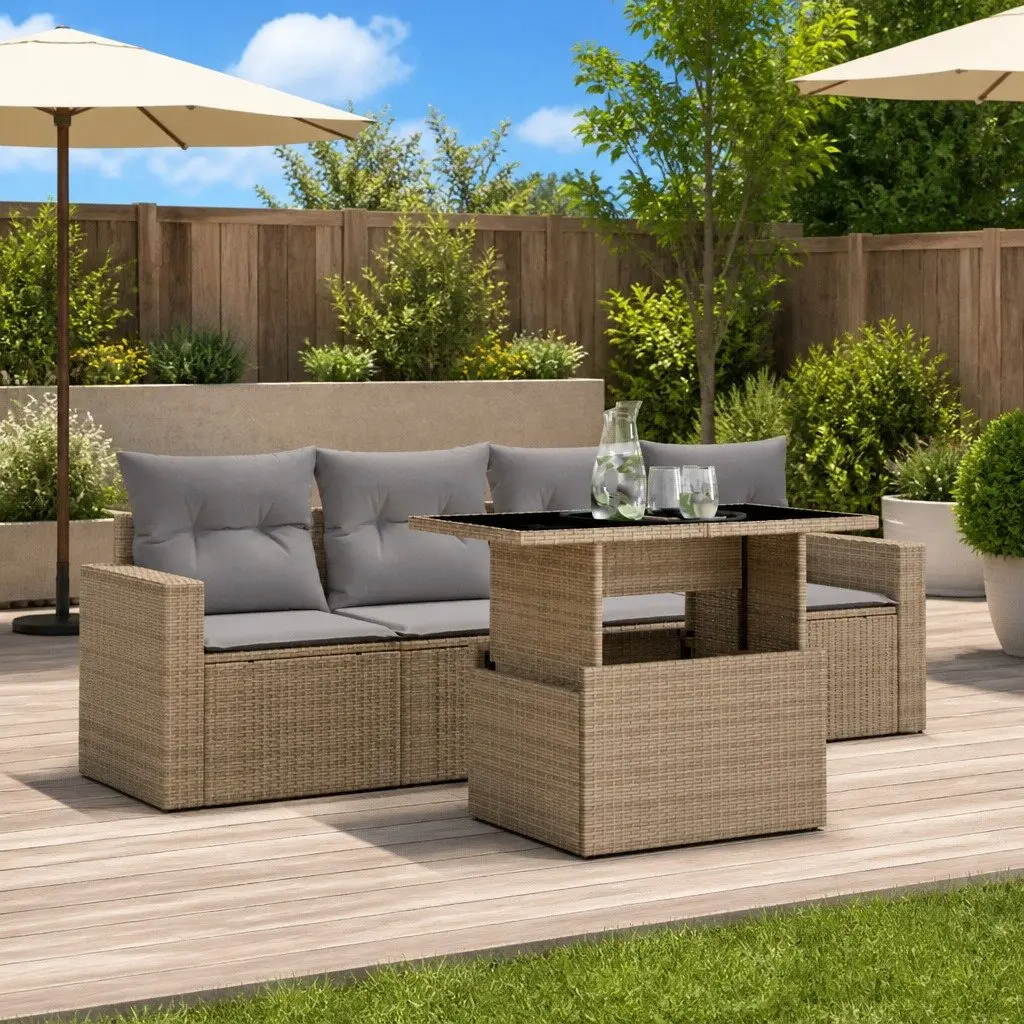 Outdoor Garden Sofa Set Modular 5 Piece Beige PE Rattan with Cushions