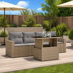 Outdoor Garden Sofa Set 5 Piece Beige Poly Rattan Furniture with Cushions Patio