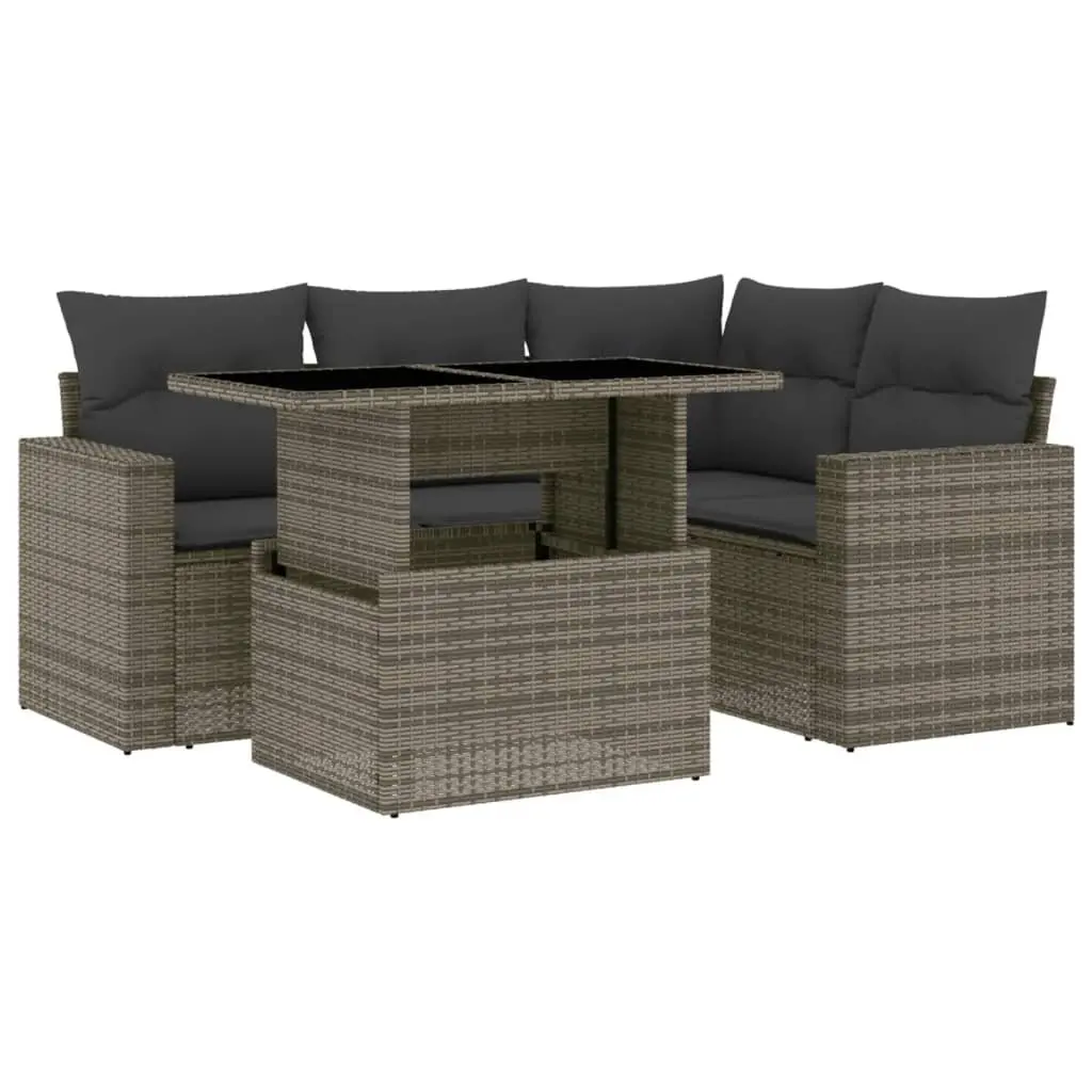 5 Piece Garden Sofa Set Grey Poly Rattan with Cushions