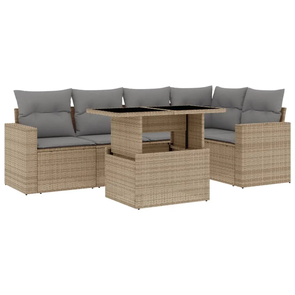 6 Piece Garden Sofa Set Outdoor Furniture with Cushions Beige Poly Rattan Patio