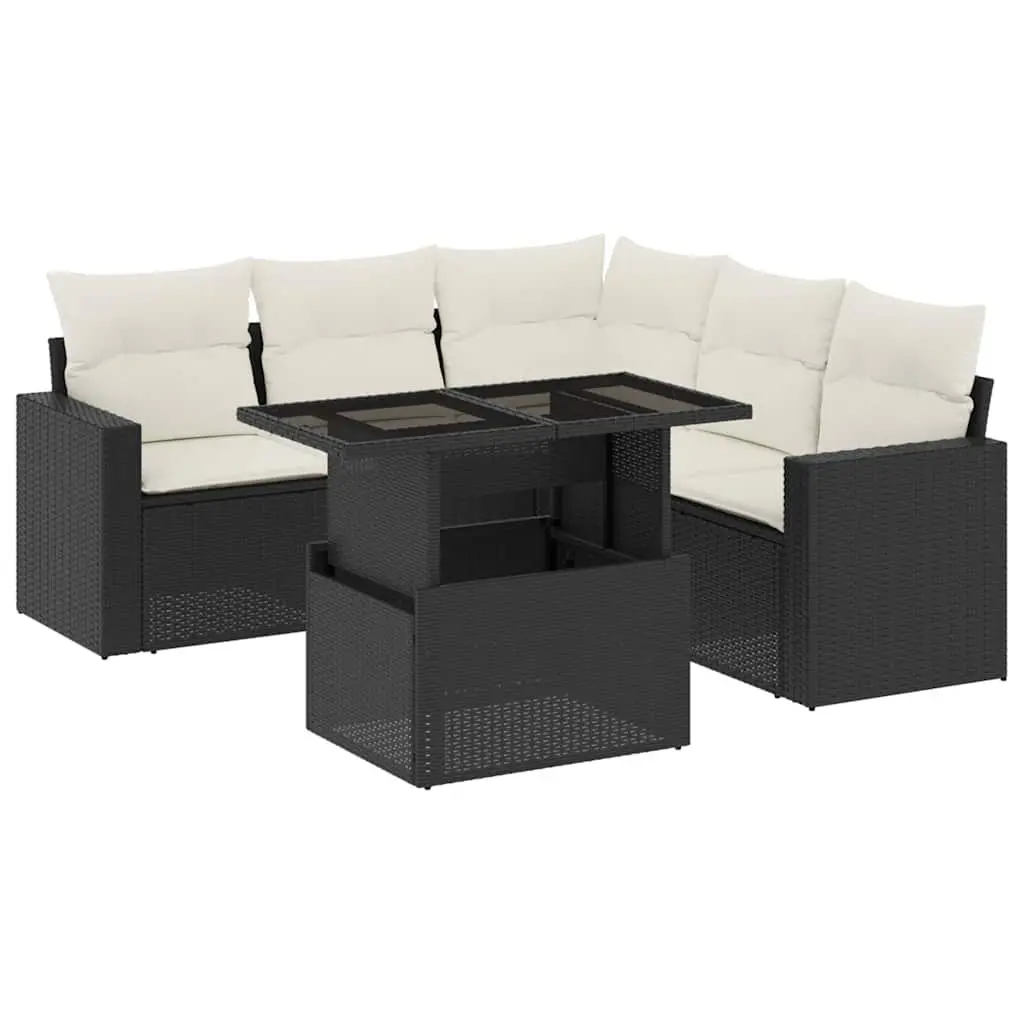 Outdoor Garden Sofa Set 6 Piece Black Poly Rattan with Cushions Patio Furniture