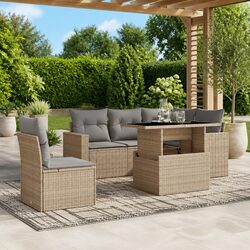 Garden Sofa Set 6 Piece Outdoor Furniture Beige Poly Rattan with Cushions Patio