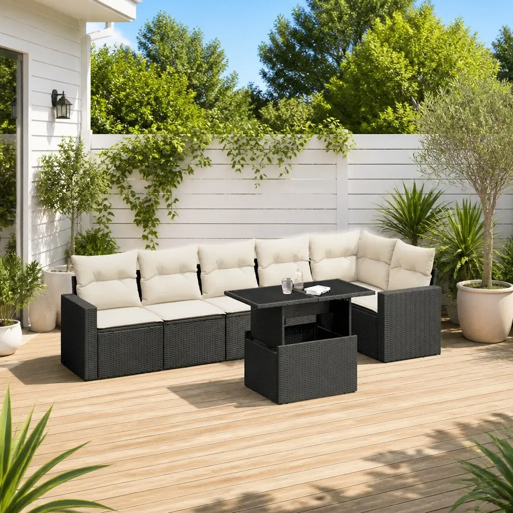 Garden Sofa Set 7 Piece Outdoor Furniture Black Poly Rattan with Cushions