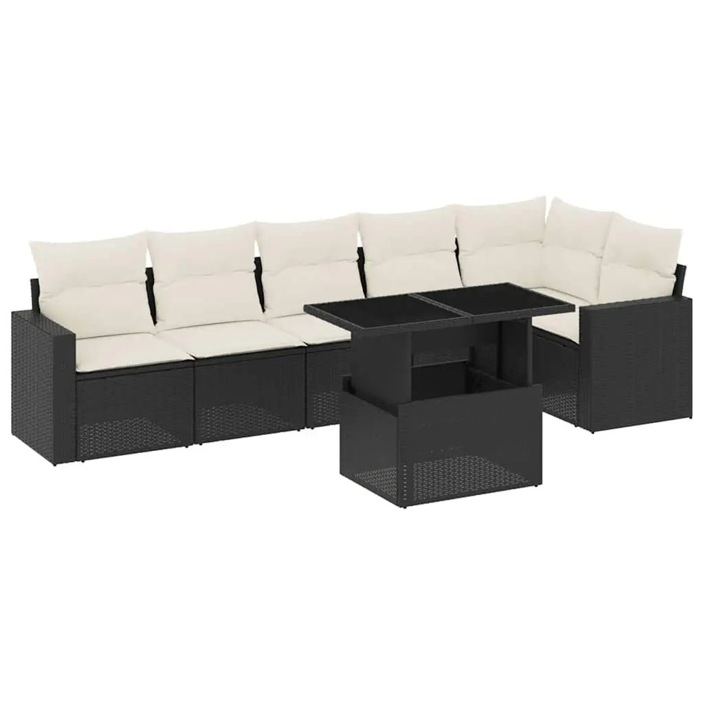 Garden Sofa Set 7 Piece Outdoor Furniture Black Poly Rattan with Cushions