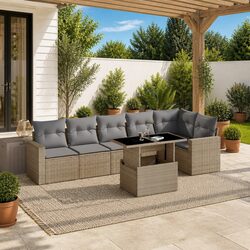 7 Piece Outdoor Garden Sofa Set Beige Poly Rattan Patio Furniture with Cushions