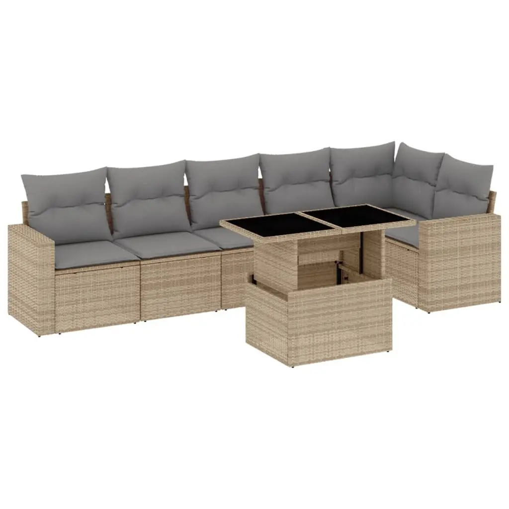 7 Piece Outdoor Garden Sofa Set Beige Poly Rattan Patio Furniture with Cushions