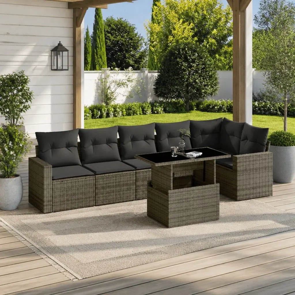 7 Piece Garden Sofa Set Grey PE Rattan Outdoor Furniture with Adjustable Table and Cushions