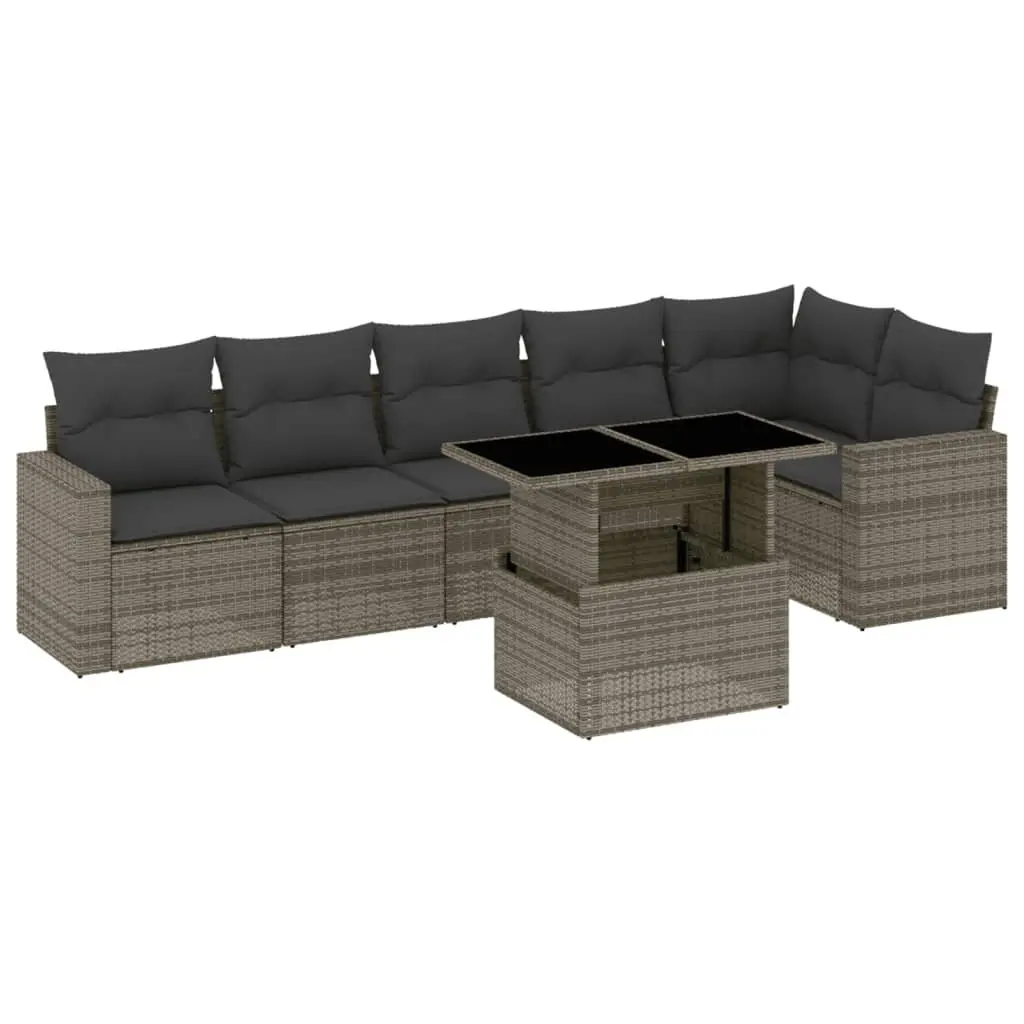 7 Piece Garden Sofa Set Grey PE Rattan Outdoor Furniture with Adjustable Table and Cushions