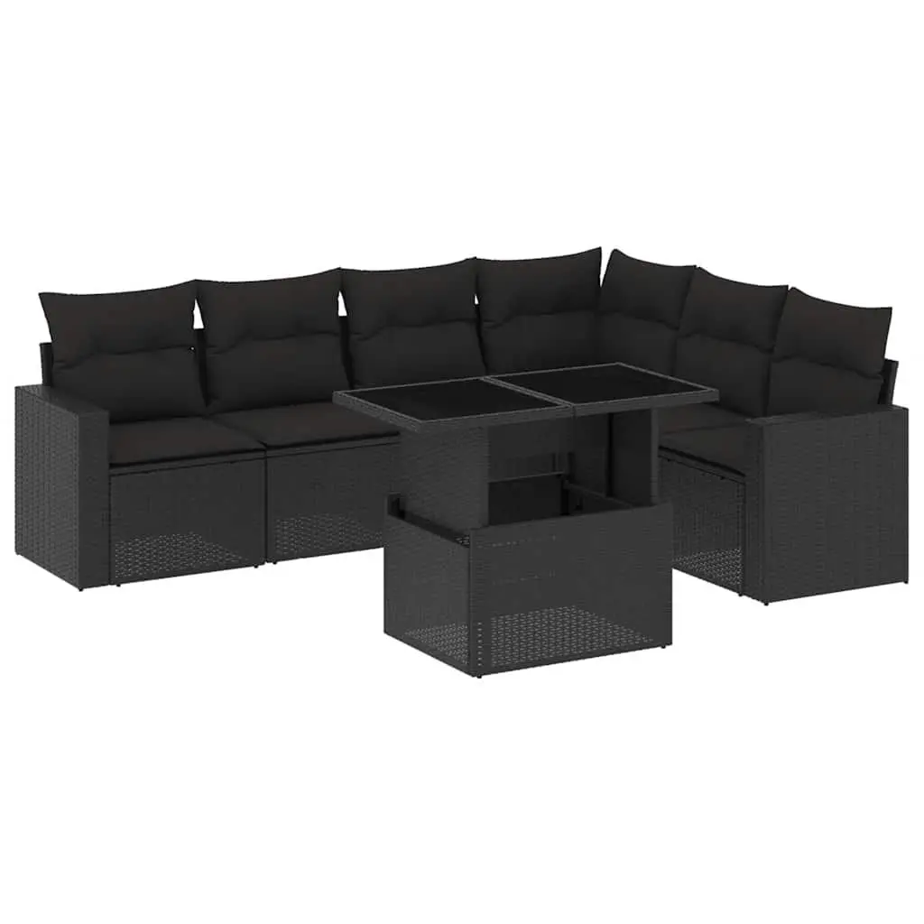 7 Piece Garden Sofa Set with Cushions Black Outdoor Furniture Poly Rattan Patio