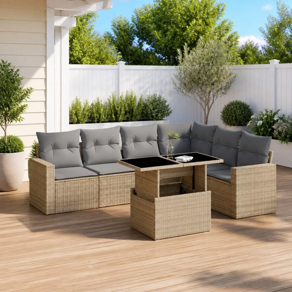 7 Piece Outdoor Garden Sofa Set Modular Beige PE Rattan Patio Furniture with Cushions