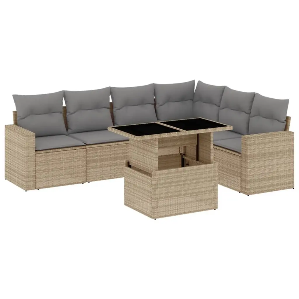 7 Piece Outdoor Garden Sofa Set Modular Beige PE Rattan Patio Furniture with Cushions