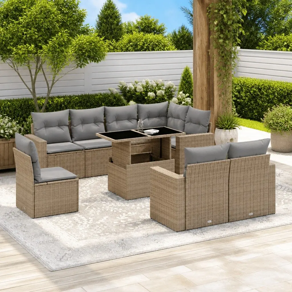 Garden Sofa Set 9 Piece Outdoor Furniture Patio Lounge with Cushions Beige