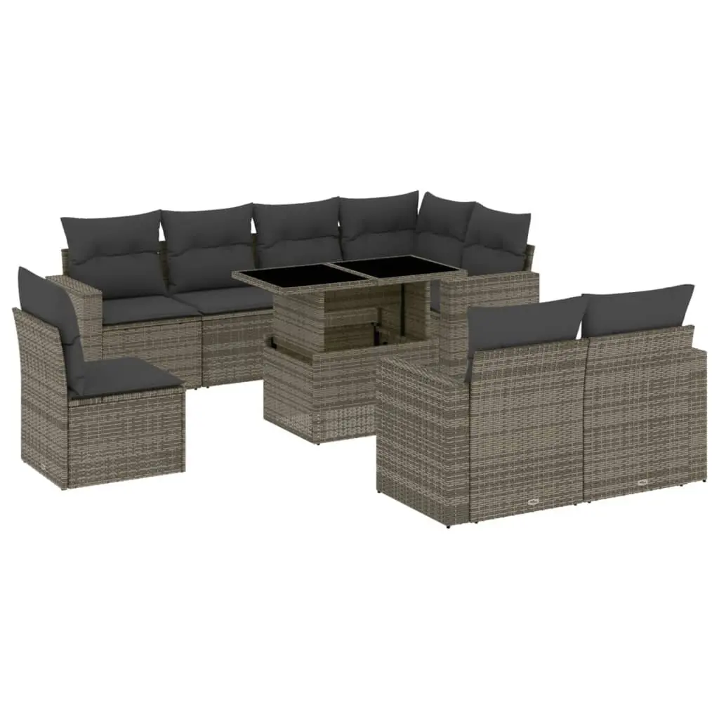 Modular Garden Sofa Set 9 Piece Grey Outdoor Furniture with Adjustable Tabletop and Cushions