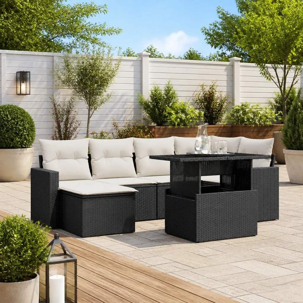 7 Piece Garden Sofa Set Outdoor Patio Furniture Black Poly Rattan with Cushions