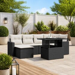 7 Piece Garden Sofa Set Outdoor Patio Furniture Black Poly Rattan with Cushions