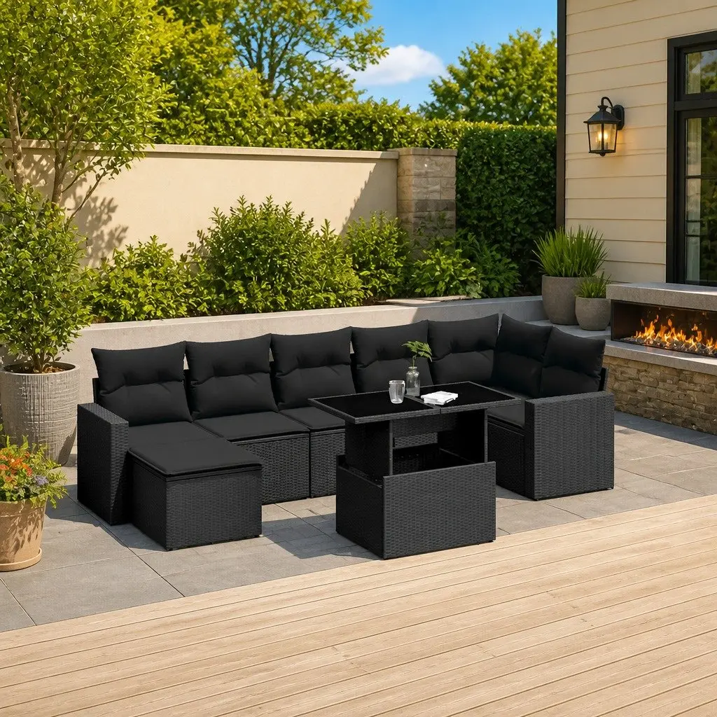 Outdoor Furniture Set 8 Piece Garden Sofa Patio Lounging Black Rattan