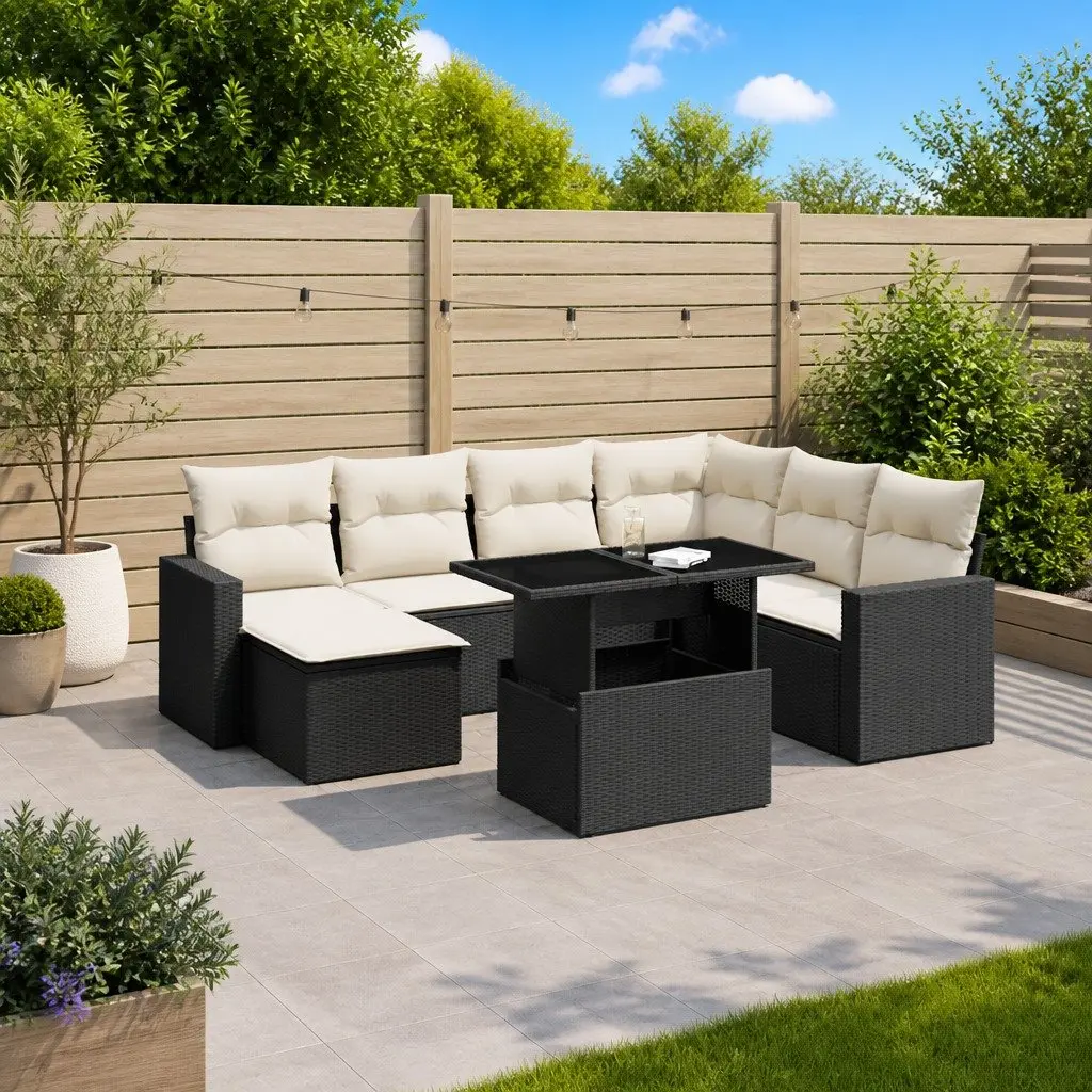 Modular Outdoor Furniture Set 8 Piece Black PE Rattan Garden Sofa with Adjustable Table and Removable Cushions