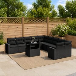 Garden Sofa Set 11 Piece Outdoor Furniture Patio Black Poly Rattan with Cushions
