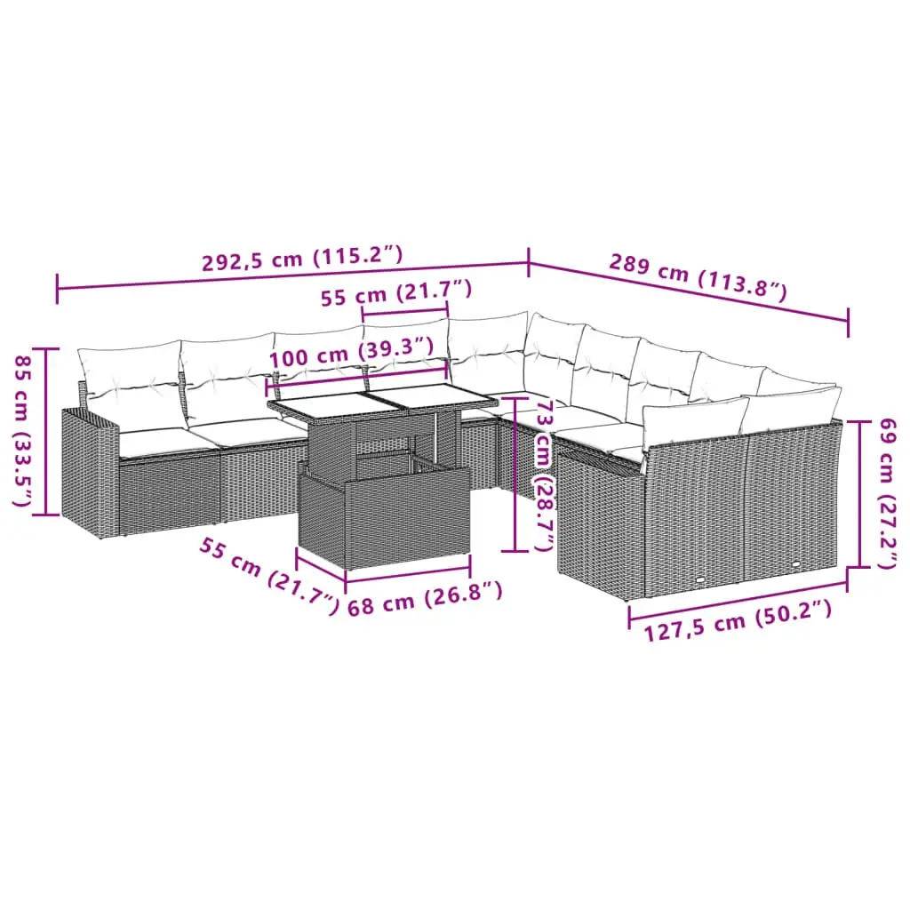 Garden Sofa Set 11 Piece Outdoor Furniture Patio Lounge Grey Poly Rattan