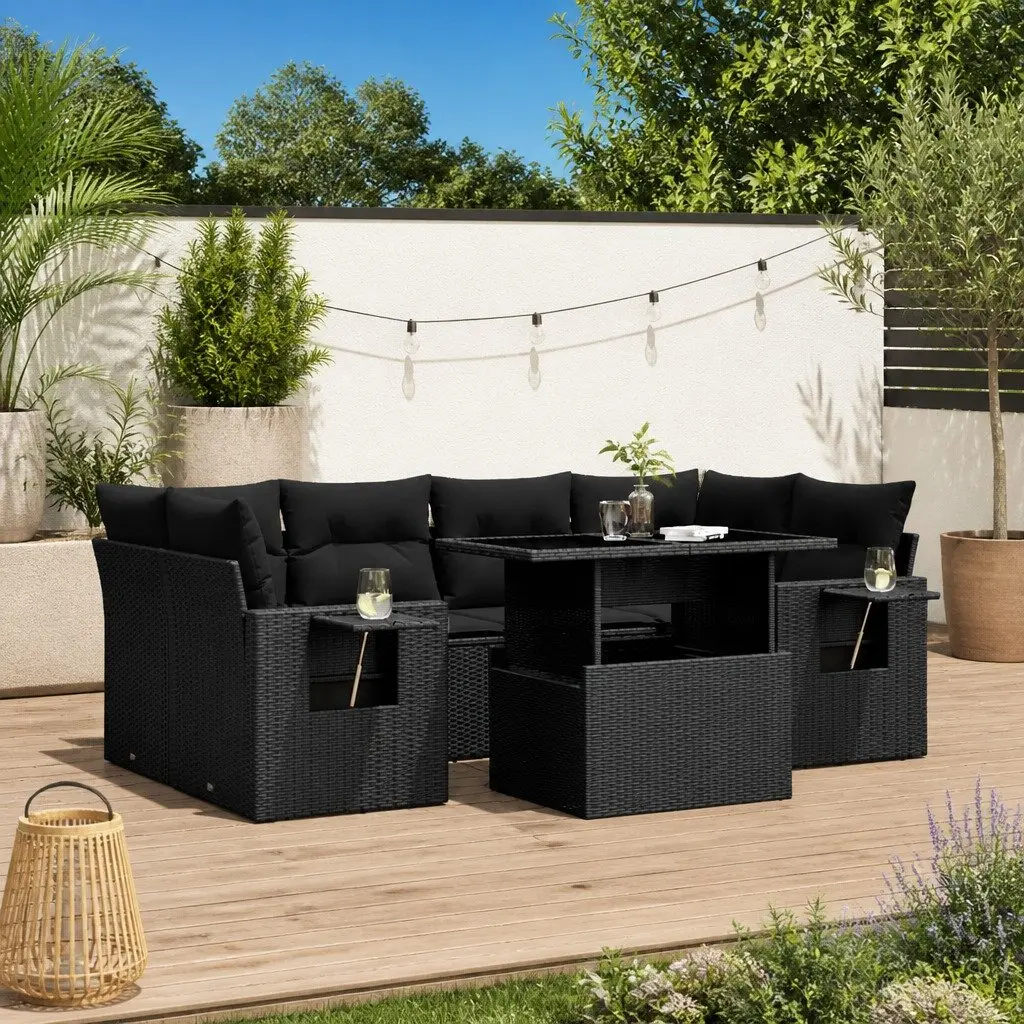 7 Piece Garden Sofa Set Black Poly Rattan Modular Outdoor Furniture