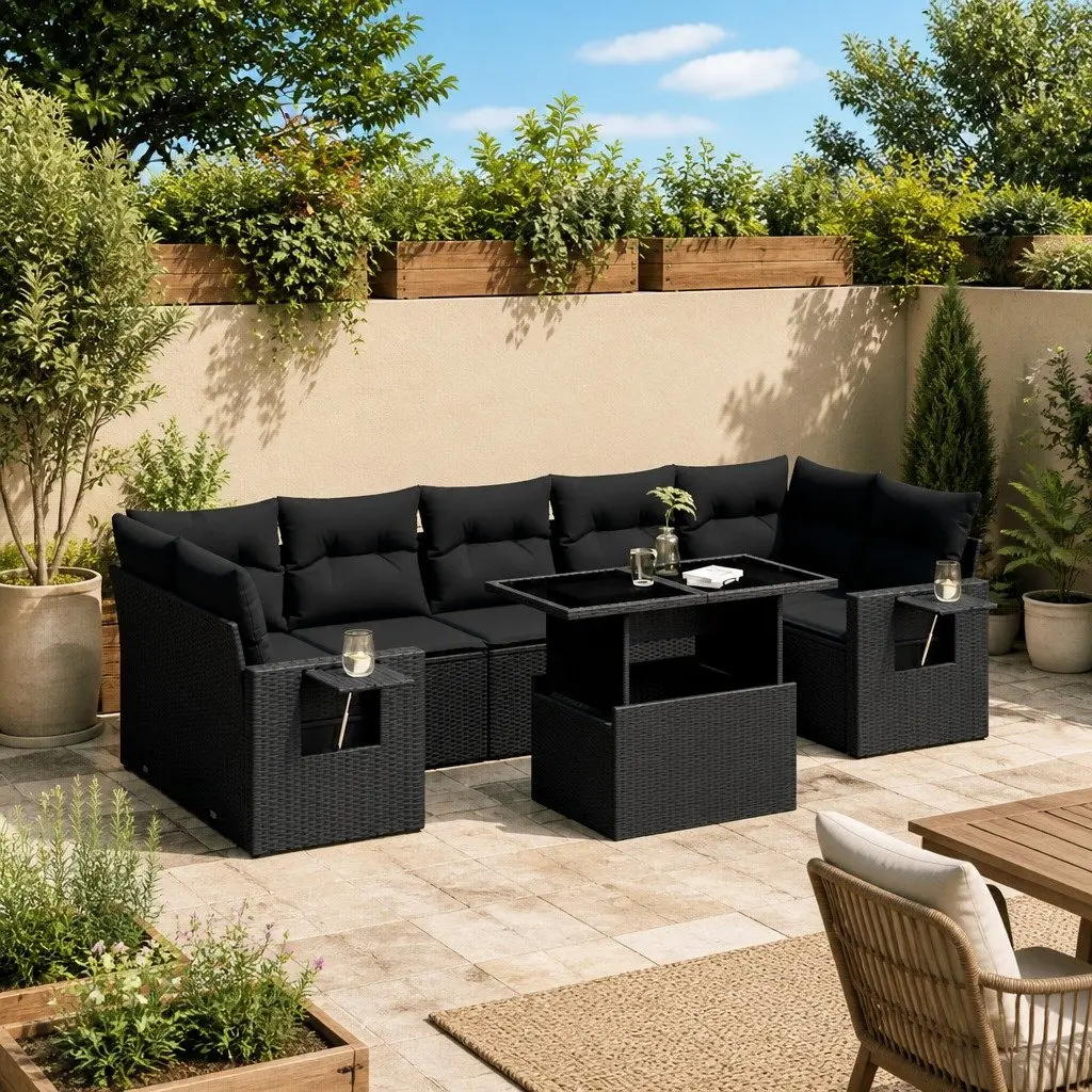 8 Piece Modular Outdoor Furniture Set Black PE Rattan Garden Sofa with Adjustable Table and Cushions