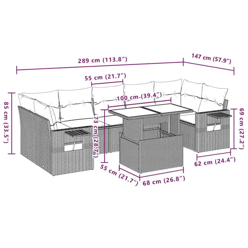 8 Piece Modular Outdoor Furniture Set Black PE Rattan Garden Sofa with Adjustable Table and Cushions