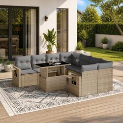 Garden Sofa Set 9 Piece Outdoor Furniture Patio Beige Poly Rattan with Cushions