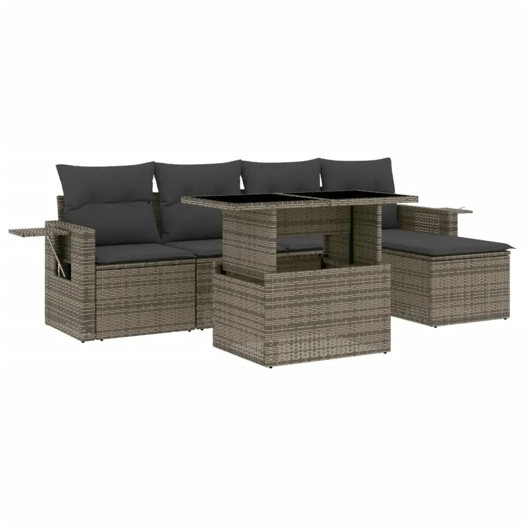 6 Piece Modular Outdoor Sofa Set Grey Poly Rattan with Thick Cushions for Patio