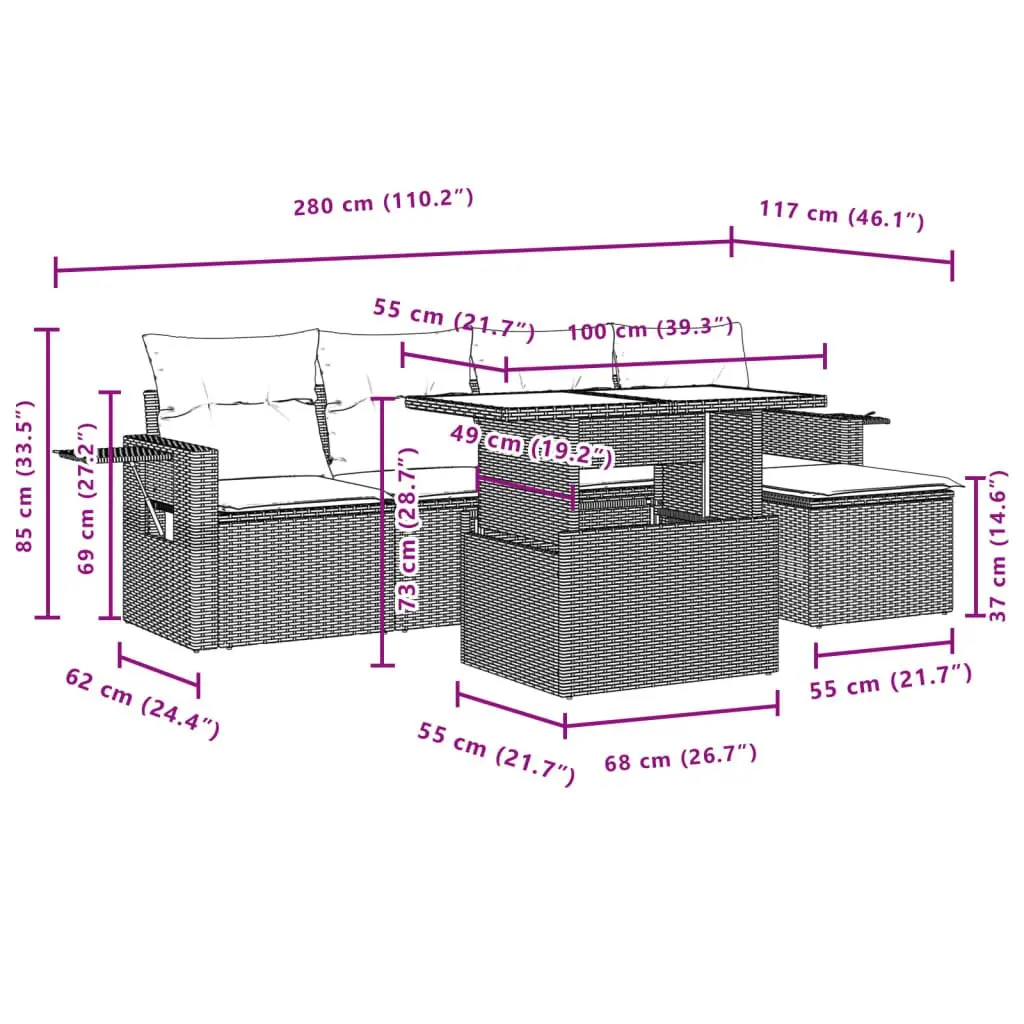 6 Piece Modular Outdoor Sofa Set Grey Poly Rattan with Thick Cushions for Patio