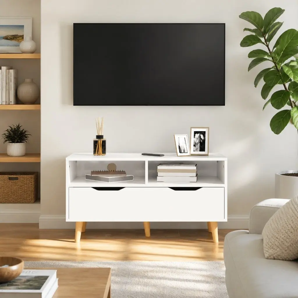 TV Cabinet White High Gloss Engineered Wood 90W x 40D x 48.5H cm