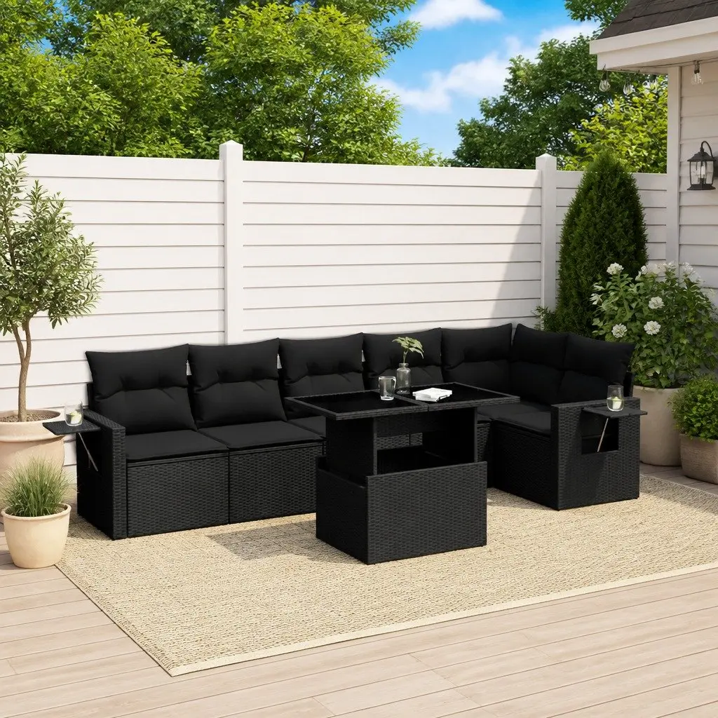 7 Piece Garden Sofa Set Modular Cushioned Black Poly Rattan Outdoor Furniture