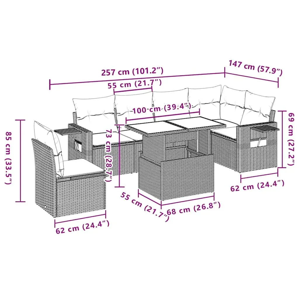 7 Piece Outdoor Garden Sofa Set Black Poly Rattan Patio Furniture with Cushions