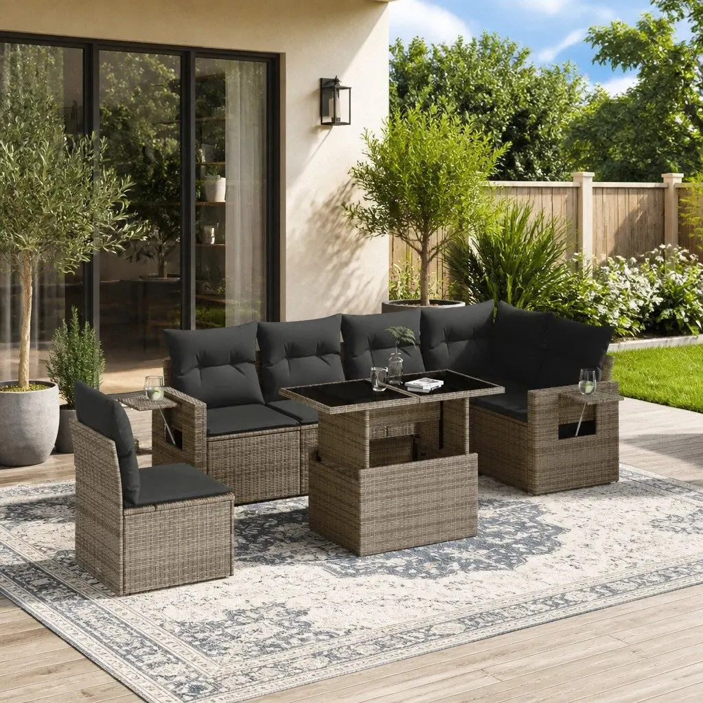 7 Piece Garden Sofa Set Grey Poly Rattan with Cushions