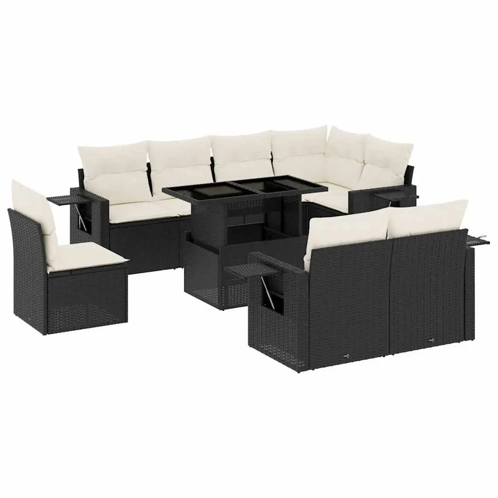 9 Piece Outdoor Garden Sofa Set Poly Rattan Patio Furniture with Cushions Black